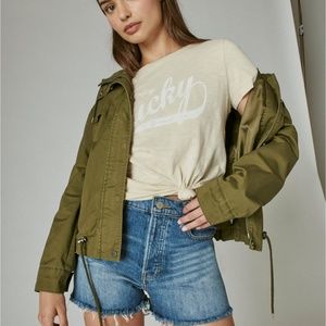 Lucky Brand- Olive Hooded Utility Jacket with Drawstring Hood/Hem Zip/button-NWT